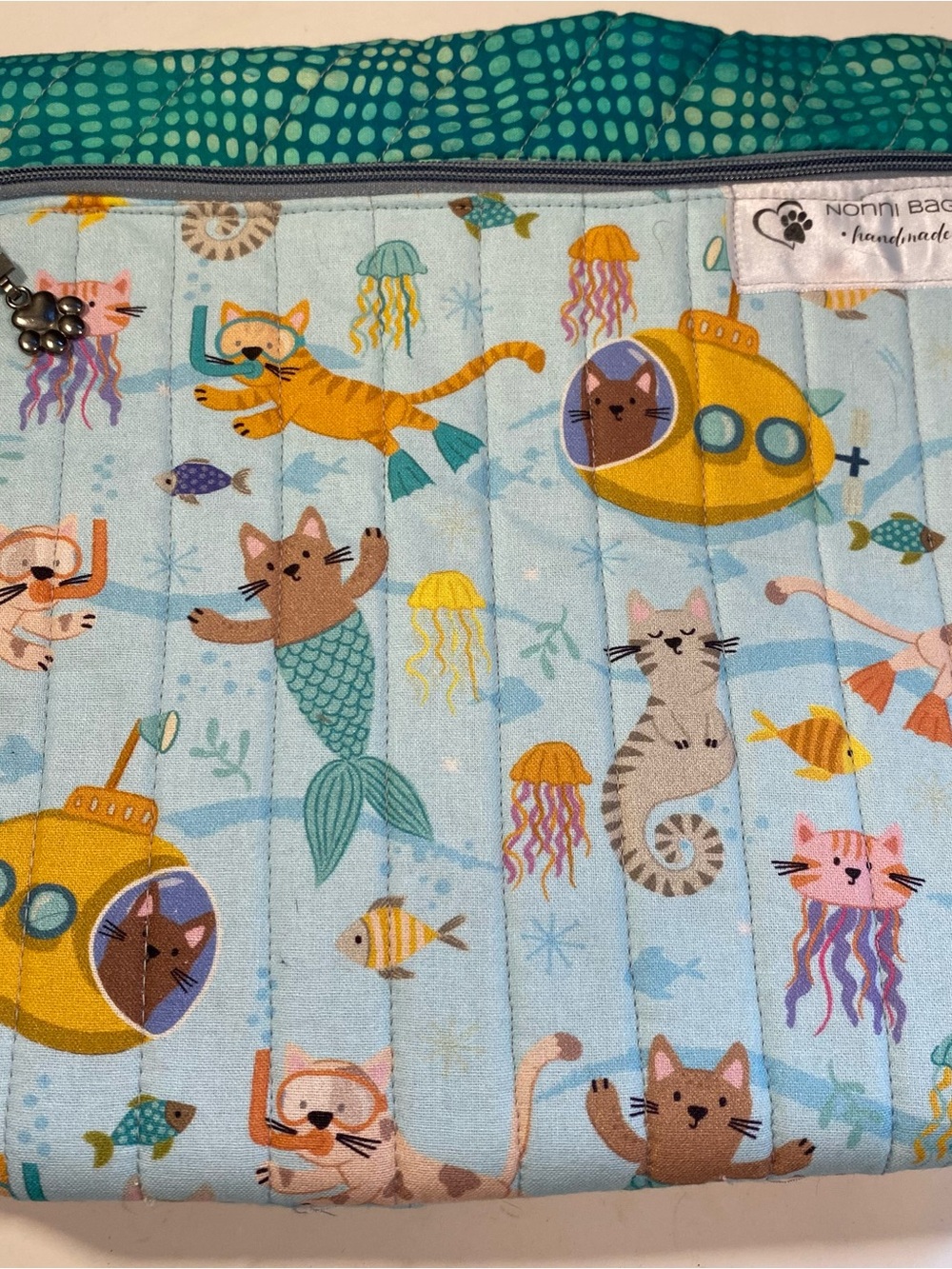 Handmade Nonni Bag Cat Mermaid Zipper Book Pouch Upcycled Cotton